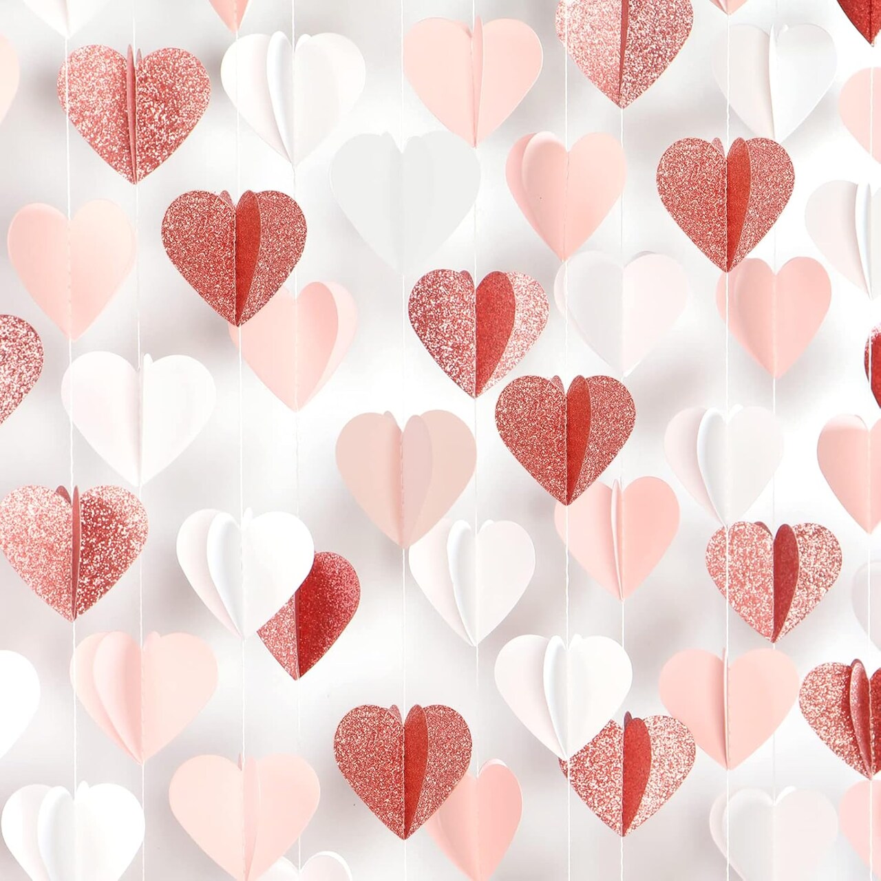 39ft Rose Gold, Pink & White Heart Garland – 3D Valentine’s Day Hanging Paper Streamers Banner for Galentine’s, Wedding, Engagement, Bachelorette, Bridal & Baby Shower Decor